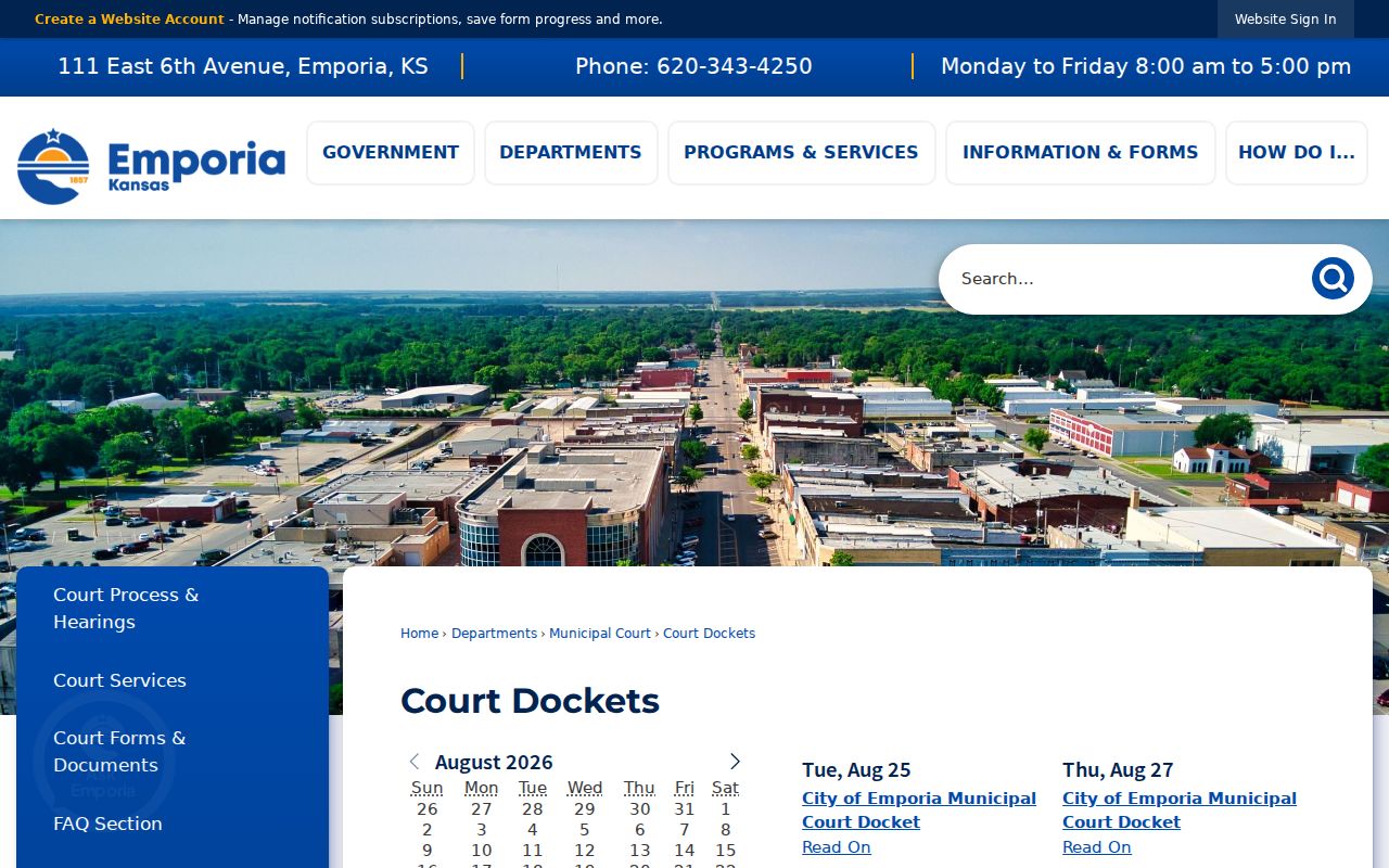 Lyon County court dates and Emporia municipal docket calendar