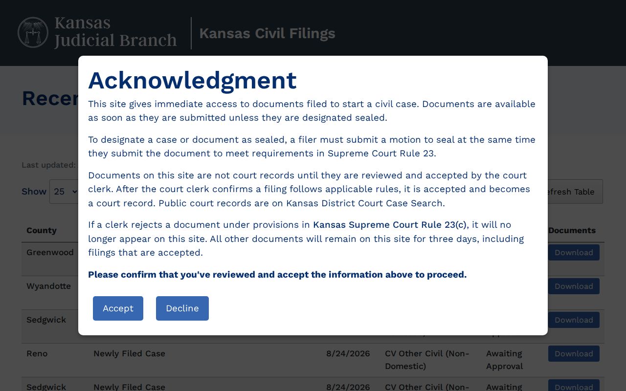 Lyon County civil docket Kansas Civil Filings portal