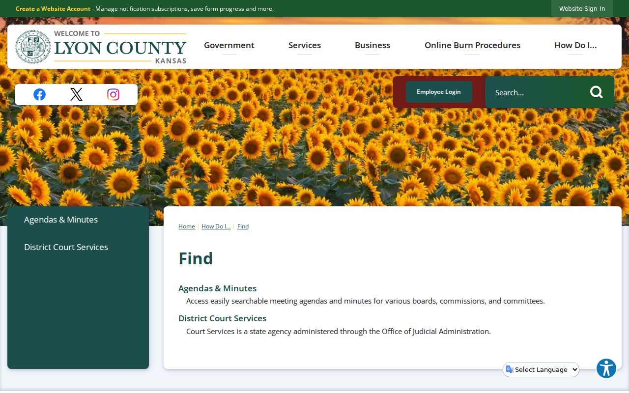 Lyon County docket office routing on the county Find page